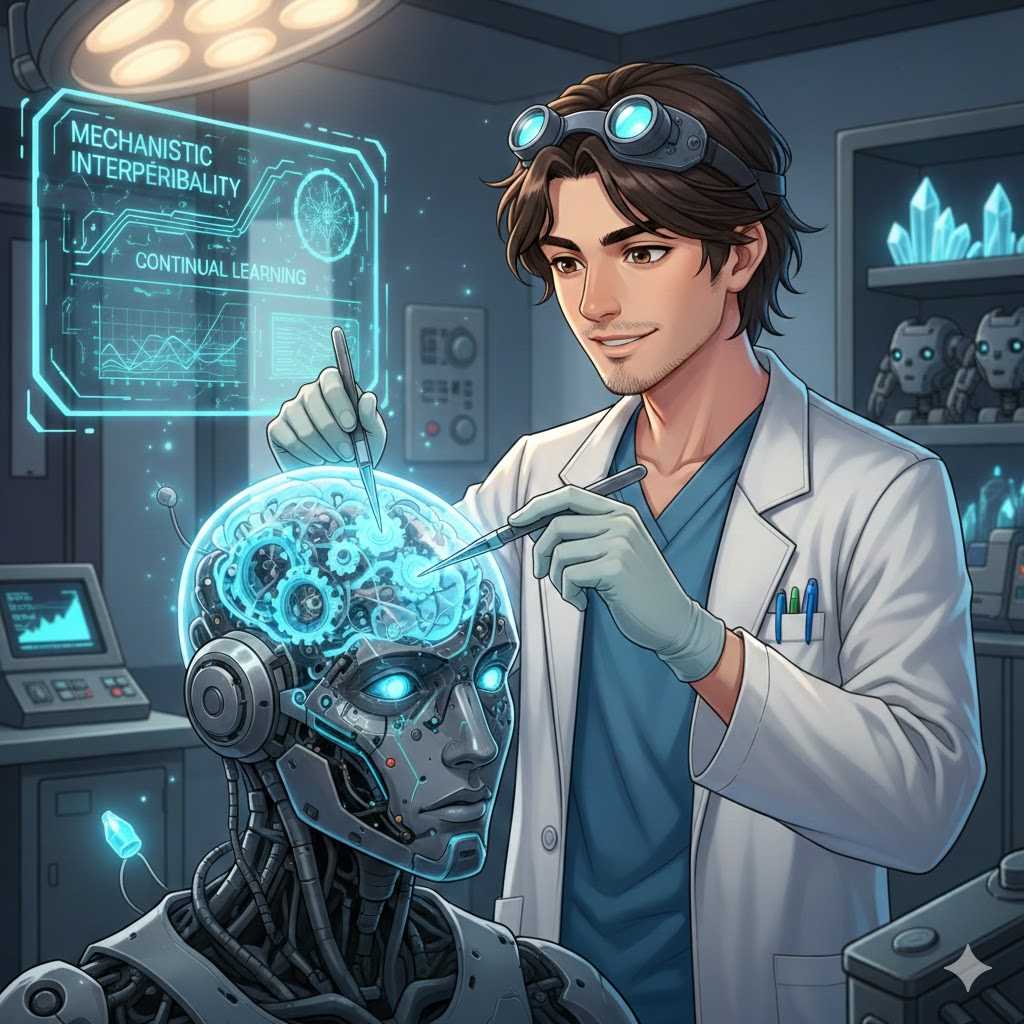 Illustration of an experiment where a human dissects a robot brain. Circa 2026 (colorized)